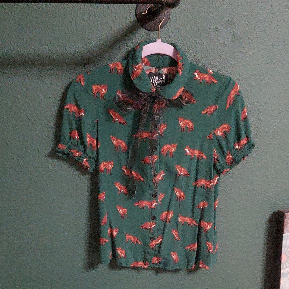 Hell Bunny Green and Orange Retro Button Down Shirt